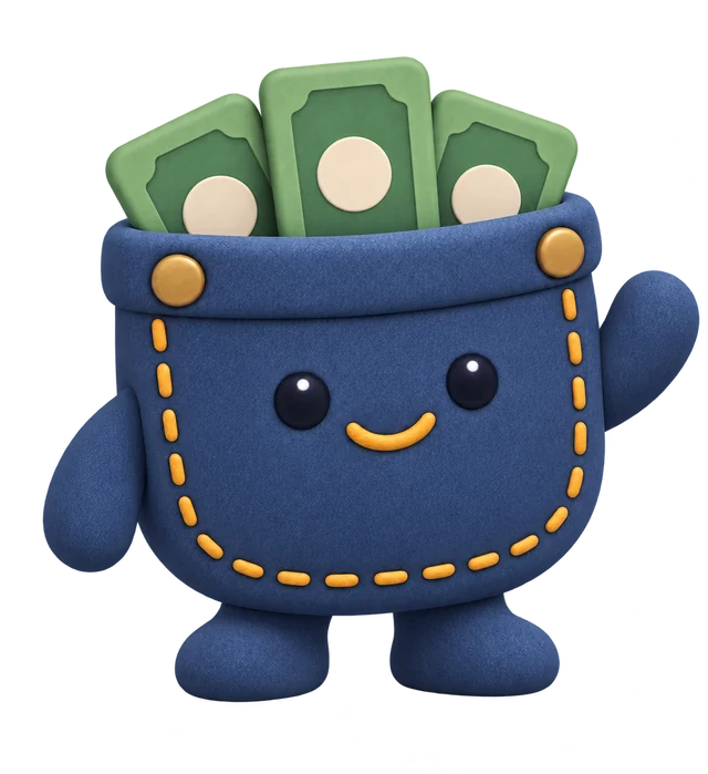 Tip, the TipTill mascot: a denim pocket full of bills, waving